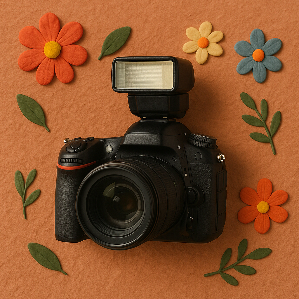 A high-resolution, photorealistic image of a DSLR camera with an external flash, set against a handcrafted clay background with vibrant, multicoloured flowers and green leaves. This image symbolises real customer-generated content, capturing the essence of user-created visuals in ecommerce marketing. Ideal for articles about Shopify UGC strategies, customer content creation, and authentic brand storytelling.