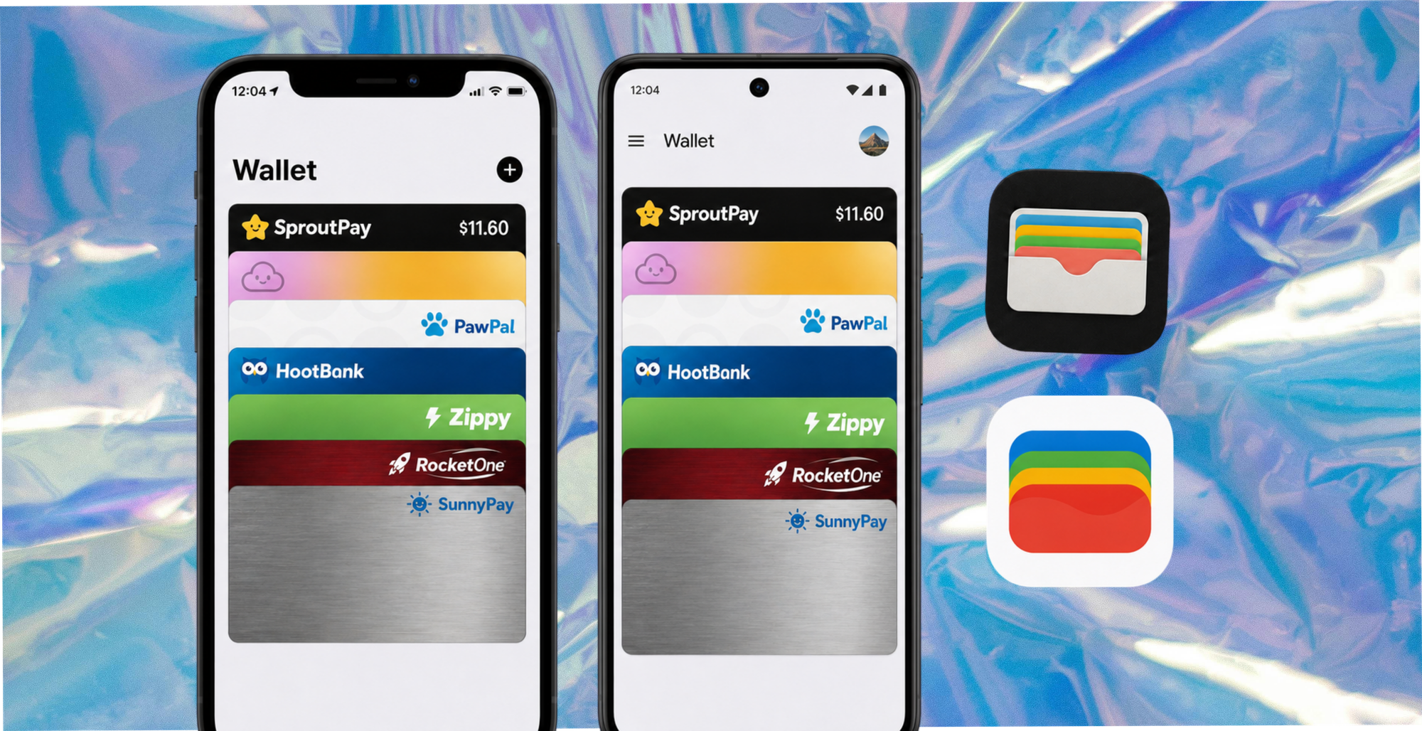 Wallet pass push notifications delivered via loyalty cards stored in Apple Wallet and Google Wallet on two smartphones