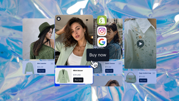 UGC campaign for a Shopify store: shoppable product videos with Shopify, Instagram and Google icons and Buy now buttons