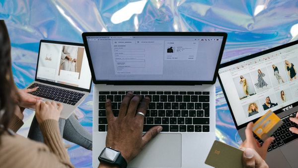 Superfan wallet passes for ecommerce: three people browsing online fashion stores on laptops, one holding a payment card