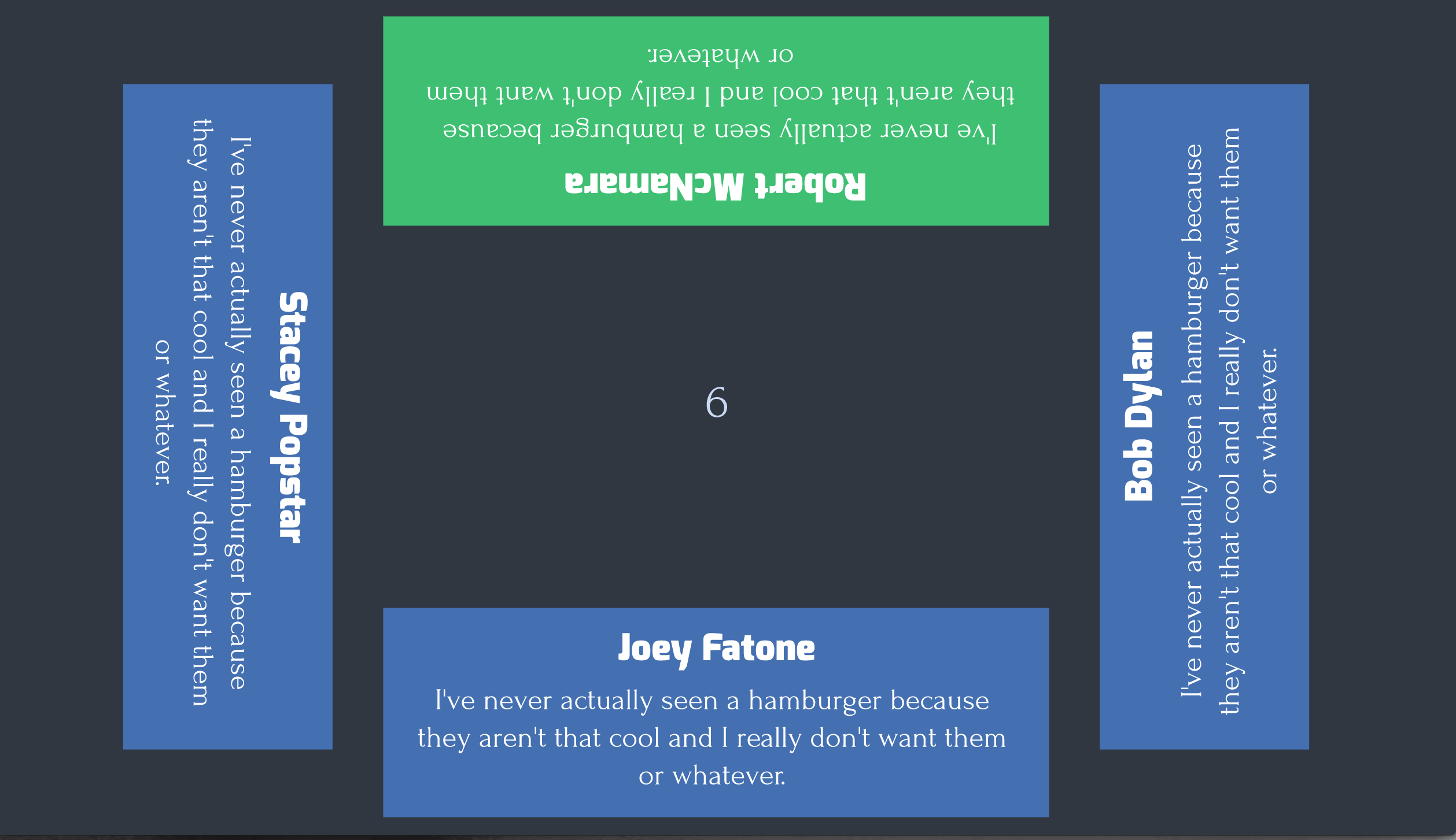 Screenshot for a draft of "Own Up." Fake tweets are shown from Joey Fatone, Stacey Popstar, and Bob Dylan.