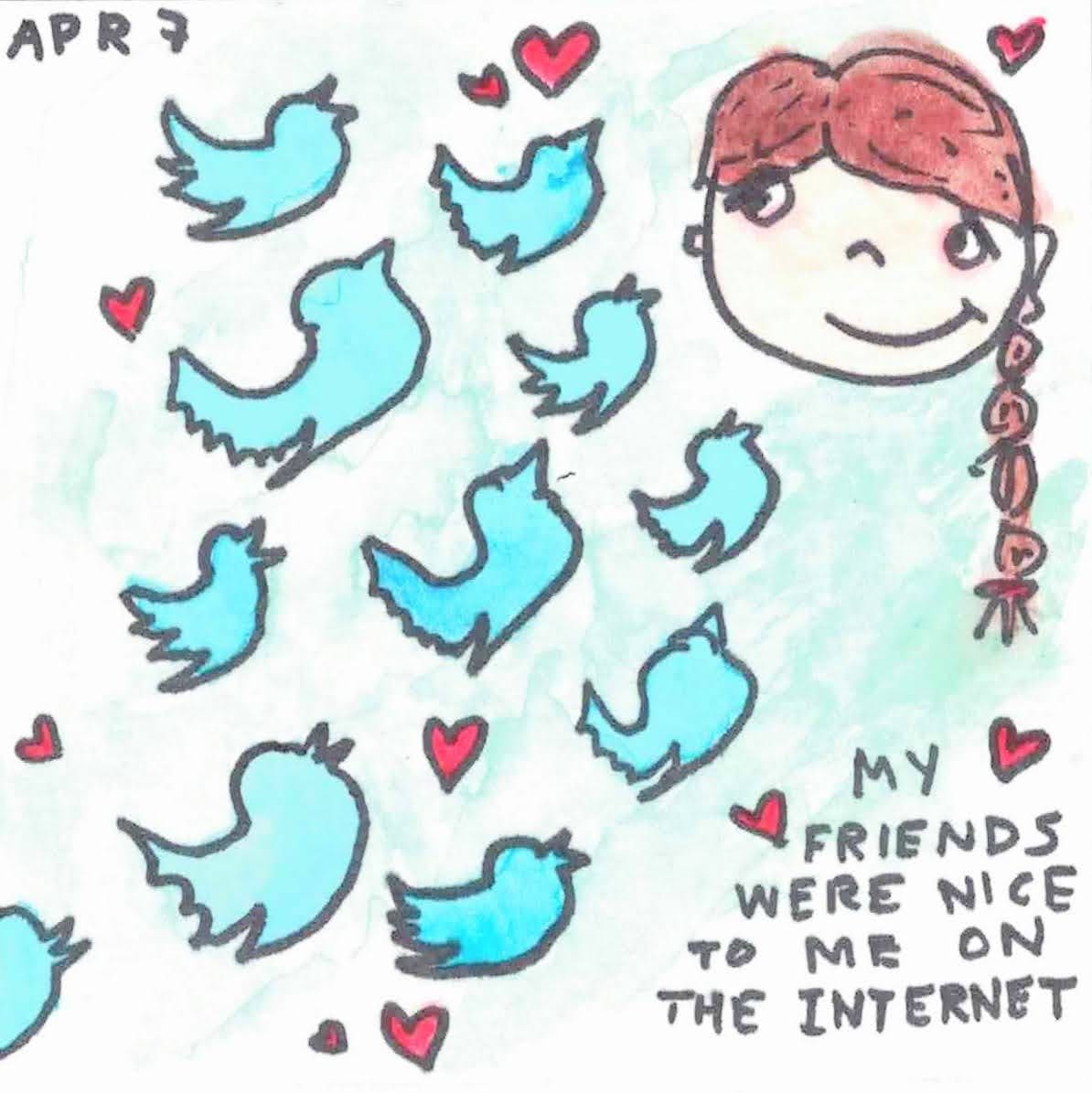 april 7 - my friends were nice to me on the internet. dozens of twitter logos fly lovingly at a happy girl