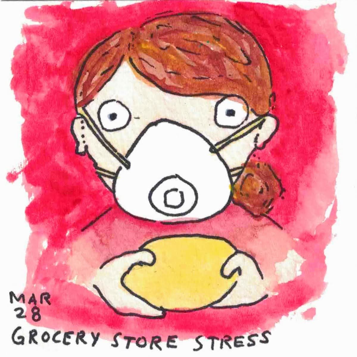 March 28: grocery store stress. A girl with wide eyes, a mask, holding a lemon.