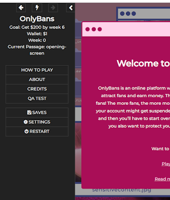 The sidebar UI of the OnlyBans Twine game. In addition to expected buttons like "How to Play" and "Save," there is a "QA Test" button.