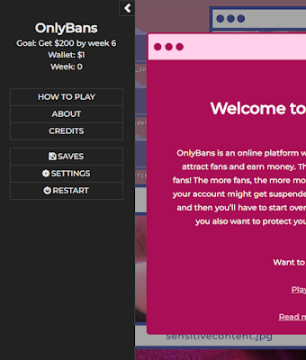 The sidebar UI of the OnlyBans Twine game. The sidebar has expected buttons like "How to Play" and "Save"