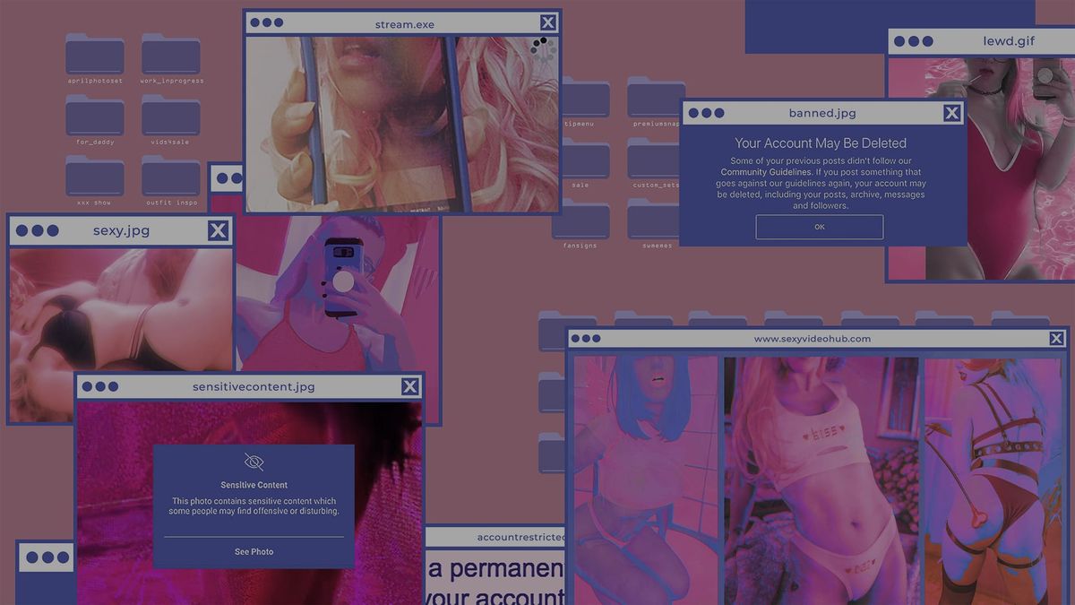 Chaotic computer screen, windows upon windows of femmes in different clothing. 