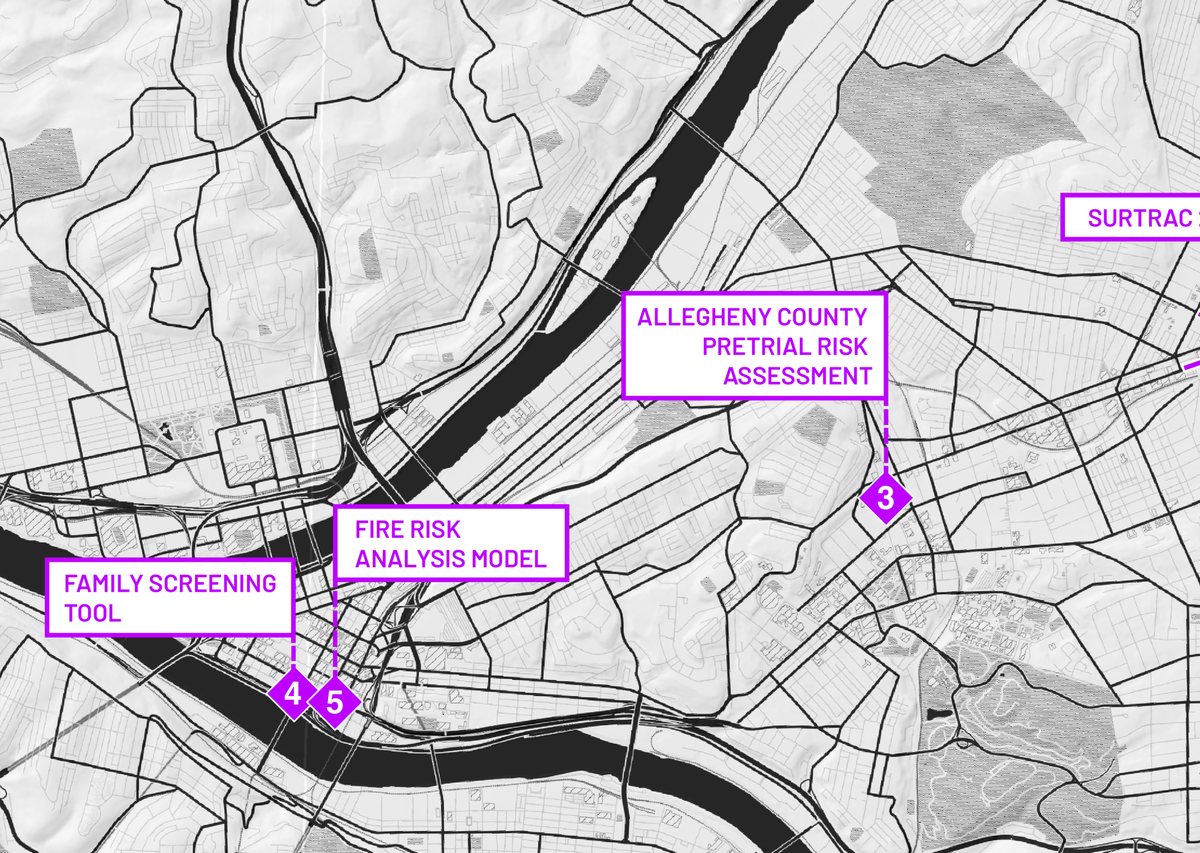 A map of Pittsburgh with pins marking a family Screening tool, a fire risk model, pretrial assessment.