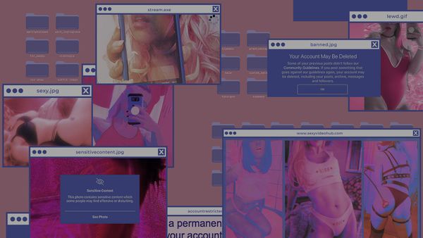 Chaotic computer screen, windows upon windows of femmes in different clothing. 