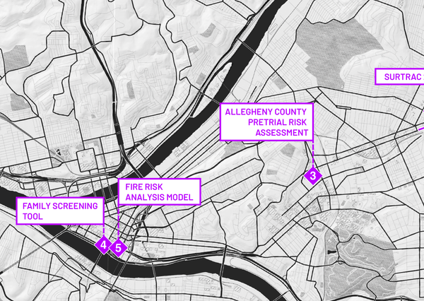 A map of Pittsburgh with pins marking a family Screening tool, a fire risk model, pretrial assessment.