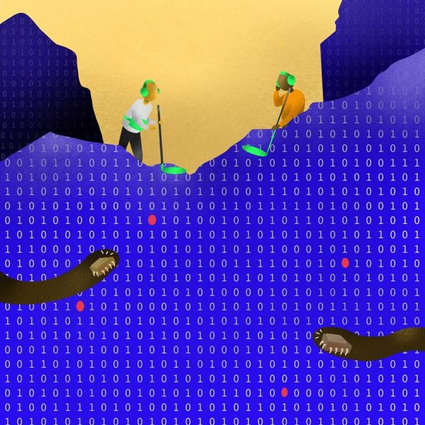 privacy & security art - two people use metal detectors on a bed of binary numbers