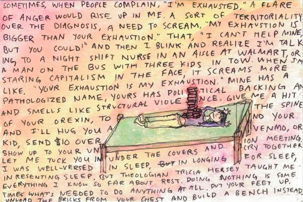 The narcolepsy postcard - a girl lays on an empty bed, bricks stacked on her chest, surrounded by words