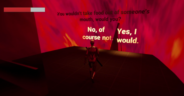 A character stands in front of a choice: "You wouldn't take food out of someone's mouth, would you?" The player can choose.