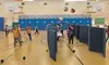A dodge ball alternative: Goose Bay first-graders play “Moon Ball,” throwing at beach balls in motion, rather than at fellow students. Courtesy Nancy Blake