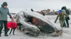 A few pups, many tourists and a number of Alaskans look over the deceased fin whale on the mud flats southeast of Anchorage in the Cook Inlet. J. David McChesney/Frontiersman