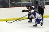 Homer's Hunter Green works to keep the puck away from Palmer's Carter Greco during a 3-2 overtime win over the Moose in the ASAA/First National Bank Division II State Championships title game