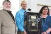Alaska recording artist and Grammy Foundation representative Matt Hammer, with Colony High band director Jamin Burton and choir/orchestra teacher Pualeilani Monds. CATHERINE ESARY/Mat-Su Boro
