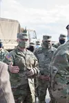 Gen. Ed Daly, Commanding General, Army Materiel Command, and AMC’s Command Sgt. Maj. Alberto Delgado speak with Ft. Hood sustainers at the new Modernization Displacement and Repair Site Nov. 