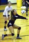 Colony's Emily Link receives a serve during a 3-2 win over Soldotna Friday night at Soldotna High School. Jeremiah Bartz/Frontiersman