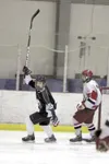 Colony sophomore Anthony Kolendo celebrates after a Knights goal
during a 5-1 win over the Wasilla Warirors at the Curtis C. Menard
II Memorial Ice Arena on Tuesday. The CHS goalie made 43 sa