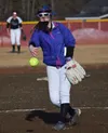 Colony pitcher Alyssa Oswald delivers to Kenai Central on Friday, April 12, 2019, at Steve Shearer Memorial Ball Park in Kenai, Alaska. Photo by Jeff Helminiak/Peninsula Clario