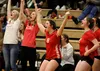 Wasilla’s Taylin Fraker (8) and her teammates celebrate a point during the fifth set of a 3-2 win over rival Colony Friday. Jeremiah Bartz/Frontiersman