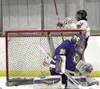 Houston forward Tyler Chivers skates behind the net as he celebrates after slipping a puck past Monroe goalie Nathan Jankowski during a 3-3 tie with the Rams Jan. 28, 2017, at the Big Lake Re