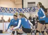 Members of the Palmer Moose varsity volleyball team celebrate after beating Kodiak 3-2 Friday afternoon at the ASAA/First National Bank State Volleyball Championships at the Curtis D. Menard 