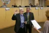 Newly elected Matanuska-Susitna Borough Assembly Member Ted Leonard took the oath of office as administered by Borough Clerk Lonnie McKechnie Tuesday. Departing Assembly Member for District 4