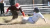 Wasilla third baseman Logan Bean tags out Soldotna's Levi Mickelson on Saturday, May 13, 2023, at the Soldotna Little League fields in Soldotna, Alaska. Jeff Helminiak/Peninsula Clarion