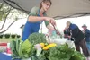 Mat-Su Cooperative Extension Service Nutrition Educator Winona Benson serves up salad prepared with Grow Palmer vegetables Friday afternoon in front of the Palmer Train Depot. ROBERT DeBERRY/