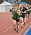 Colony's Ella Hopkins runs to victory in the 1,600-meter run Saturday, April 20, 2024, at the Soldotna Invitational at Soldotna High School in Soldotna. Jeff Helminiak/Peninsula Clarion