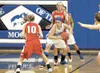 Palmer senior Kasara Brandenburg positions herself with the ball
between Wasilla’s Alysha Devine and Alyssa Hutchins (10) during a
loss to the Warriors at Palmer High on Tuesday. BRUCE EGGLES