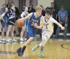 Palmer's Brady Southwick tries to get past Colony's Anton Chamblee during the Knights' 53-50 win over the Moose Feb. 28 at Colony High School. Courtesy of Bruce Eggleston/MatS