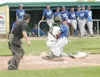 (ROBERT DeBERRY/Frontiersman) Mat Su Miners catcher Steve
Domecus collides with Anchorage Glacier Pilot Luke Yoder during
Thursday's game at Hermon Brothers Field in Palmer.