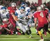 Palmer’s Vincent Aumavae moves through the Wasilla defensive line during the second half of Saturday’s 35th annual Potato Bowl at Veterans Memorial Field in Wasilla. ROBERT DeBERRY/Frontiersm