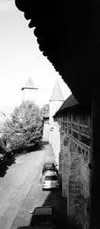 Above, a medieval wall surrounds the city of Rothenburg,
Germany. The wall is well preserved and just more than a mile long.
At left is the prominent town hall of Rothenburg. It stands in the