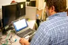 Jeremy Bloomstrom works with one of the IT groups who have offered their services to the Borough to help work through the computer virus that has been in their server this past week. Katie St