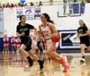 Wasilla's Megan Alley runs the ball down the floor during a win over Colony. Bruce Eggleston/matsusports.ney