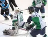 Alaska Avalanche goalie Bodhi Engum watches as a missed shot moves behind the goal during a recent game against the Wenatchee Wild. Engum is rated the West’s top goalie in the playoffs. In mo