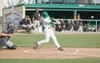 ROBERT DeBERRY/Frontiersman Mat-Su Miner Andy Mee connects with
the ball for a base hit during Thursday’s game against the
Anchorage Bucs at Hermon Brothers Field in Palmer.
