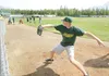 Mat-Su Miners pitcher Jared Eskew fires off a fastball during
bullpen practice Thursday afternoon at Hermon Brothers Field in
Palmer. The Miners will hold a public workout and ribbon cutting
