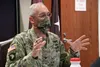U.S. Army Col. Michael Wirt, Deputy Commanding Officer, Brooke Army Medical Center, prepares to answer COVID-19 questions during a video teleconference with Argentine Army doctors, Oct. 21, 2