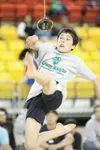 (ROBERT DeBERRY/Frontiersman) Wasilla Warrior Manny Curtis makes
contact with the ball during Saturday's one-foot high kick event at
the Native Youth Olympics in Anchorage.
