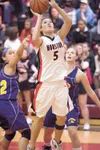 Houston Hawk junior guard Savanna James shoots for two points
during Friday's game against the Lathrop Malemutes at Houston High
School. (ROBERT DeBERRY/Frontiersman) Robert DeBerry
