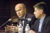 ROBERT DeBERRY/Frontiersman Gubernatorial candidates Bill
Walker, left, and Ethan Berkowitz take part in a debate Thursday
evening at the Alaska Club’s community theater in Wasilla.