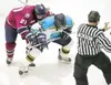 ROBERT DeBERRY/Frontiersman Avalanche forward Dylan Jones blocks
Fairbanks Ice Dog Arthur Bidwill on a face off int the third period
of Friday's game at the Curtis C. Menard II Memorial Ice R