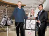 Wasilla resident Christopher Marshall, nurse Shauna Andrus and Dr. Nahush Mokadam with ‘big blue.’ Marshall received an artificial heart implant in February. Dr. Mokadam was the surgeon. CLAR