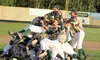 Mat-Su closer Josh Green lets out a yell, and pithers Calvin LeBrun and John Doxakis jump onto the pile as the Miners celebrate winning the 2017 Alaska Baseball League Top of the World Series