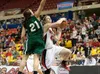 Wasilla Savannah Burke drives past Colony's Ashley Turcotte during semi final competition Friday March 22, 2013 at the ASAA/First National 3A/4A State Basketball Championships at the Sullivan