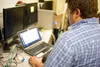 Jeremy Bloomstrom works with one of the IT groups who have offered their services to the Borough to help work through the computer virus that has been in their server this past week. Katie St